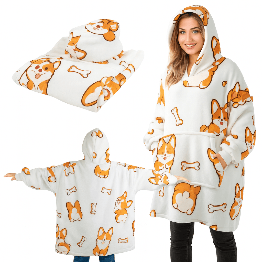 Ciepła bluza piesek koc oversize xxl 2w1 gruba futrzak miękka z kapturem